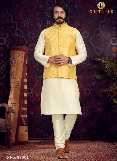 Yellow Colour Outluk 97 New Latest Designer Ethnic Wear Kurta Pajama With Jacket Collection 97001